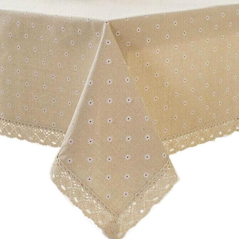 Floral Tablecloth with Lace Edge Cotton Linen Cover for Dining Table Square Rectangle - 140*200CM
